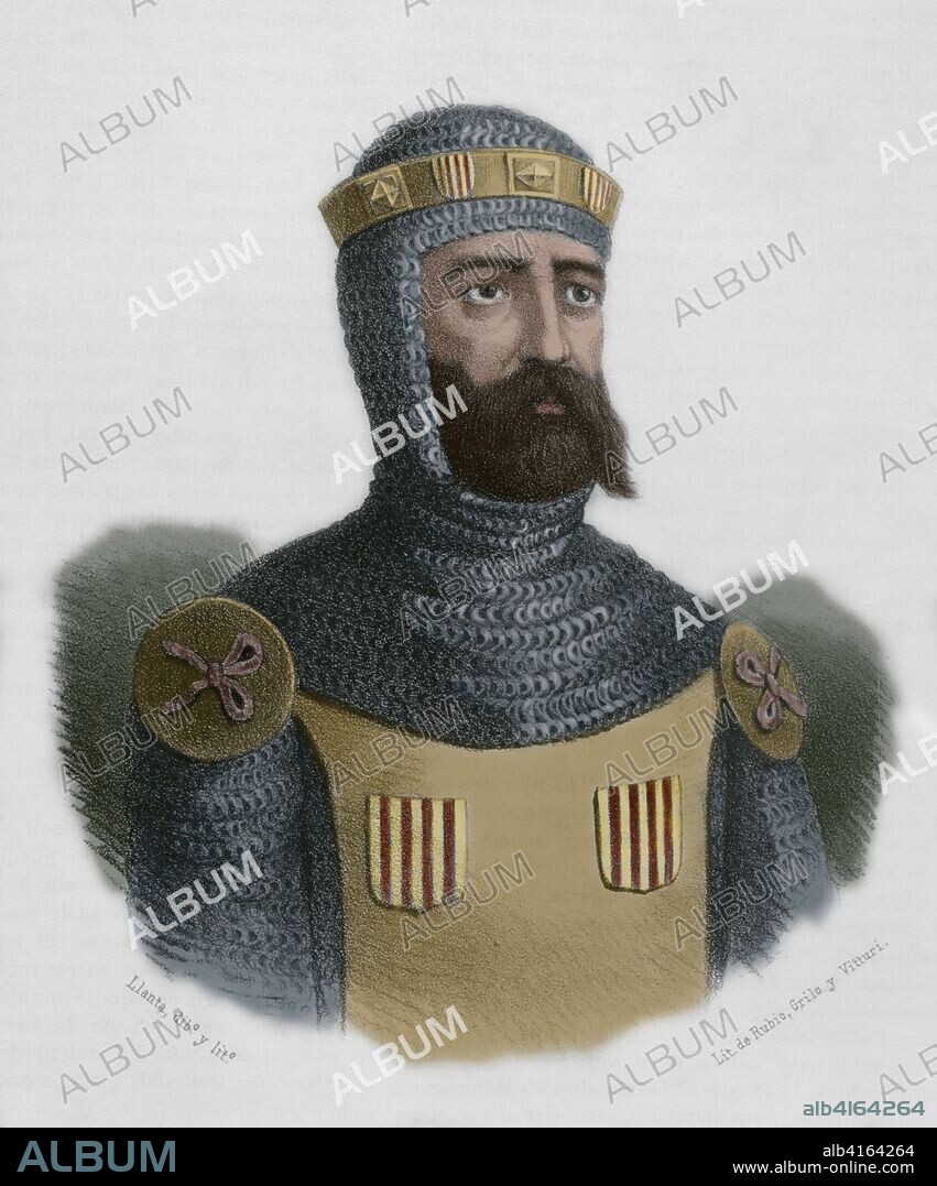 Wifredo el Velloso (Guifré el Pilós) (840-897). Conde de Urgel y de Cerdaña, de Barcelona, Gerona y Osona. Fué el último conde de Barcelona designado por la monarquía franca y el primero que legó sus estados a sus hijos, originándose la casa condal de Barcelona. Dibujo por Llanta. Litografía. Coloreada. Crónica General de España, Historia Ilustrada y Descriptiva de sus Provincias. Cataluña, 1866.