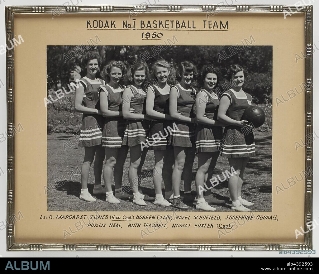 Photograph - 'Kodak No. 1 Basketball Team', 1950, Framed, Group portrait of the Kodak women's basketball team, 1950. Pictured, left to right: Margaret Jones (Vice Captain), Doreen Clapp, Hazel Schofield, Josephine Goodall,/Phyllis Neal, Ruth Teasdell, Nomai Foster (Captain). collection of products, promotional materials, photographs and working life artefacts, when the Melbourne.