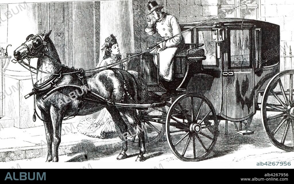 An engraving depicting a Brougham - the ubiquitous private carriage of Victorian times. Dated 19th century.