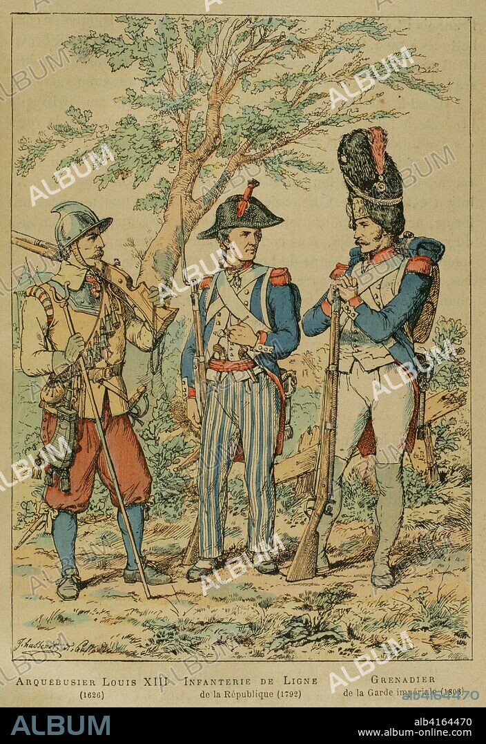 Historia del ejército francés. Arcabucero del reinado de Luís XIII (1626), infantería de línea de la República (1792), granadero de la Guardia Imperial (1808). Ilustración a color de"Armeé Française, Nos Soldats" (Ejército Francés, Nuestros Soldados). Autor, Eugene Hennebert (1826-1896). París, h. 1890. Ilustración firmada por Hussenot y Pallandre. Biblioteca Histórico Militar de Barcelona, Cataluña, España.