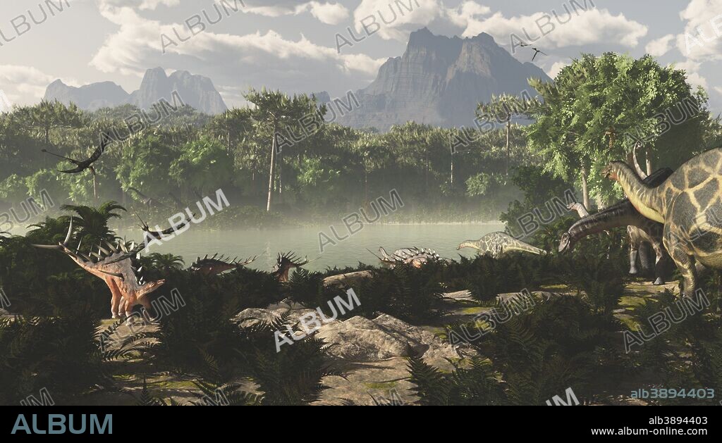 Late Jurassic East Africa with a host of different animals and plants. Visible dinosaurs are Kentrosaurus, Dicraeosaurus, and Rhamphorhynchus. Plant species are Paran pines, cycads, arucanthis, etc.