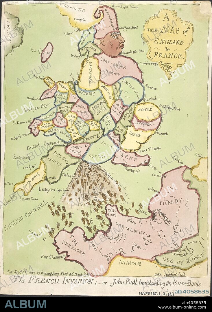 A pictorial map of England with the face of John Bull. A French invasion fleet is pictured in the English channel. A new Map of England & France. The French Invasion; -or-John Bull, bombarding the Bum-Boats. [James Gillray]. John Schoebert fecit. London : Pub[lishe]d Nov[embe]r 5th 1793 by H. Humphrey No 18 Old Bond Street, 1793. A political cartoon. 1 map ; 33x24cm. Source: Maps.187.l.3.(3).