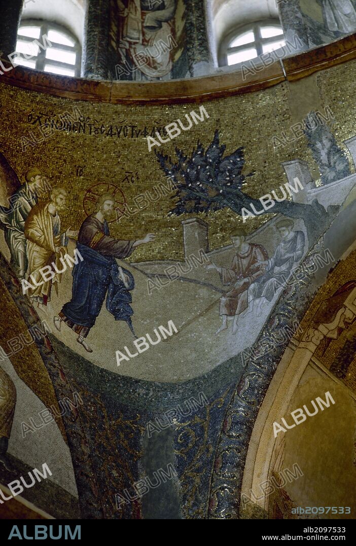 Turkey, Istanbul. Church of the Holy Saviour in Chora. Byzantine style. Inner Narthex Mosaic, 14th century. Christ Healing Two Blind Men.