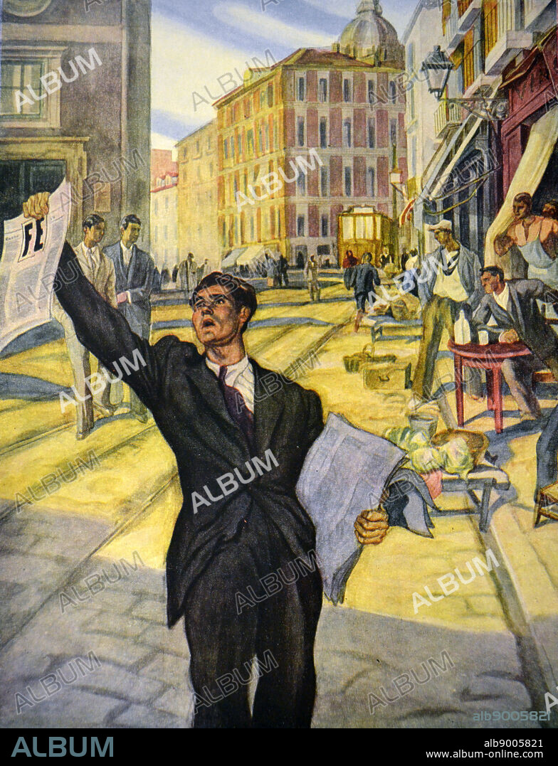 Spanish civil war: fascist Falange FE Newsletter, issued by a street seller in Madrid, (Falange Española de las JONS) - created by a merger in 1934 of two fascist organisations, Primo de Rivera's Falange (Phalanx), founded in 1933, and Ramiro Ledesma's Juntas de Ofensiva Nacional-Sindicalista (Assemblies of National-Syndicalist Offensive), founded in 1931. It became a mass movement when it was joined by members of Acción Popular and by Acción Católica, led by Ramón Serrano Súñer.