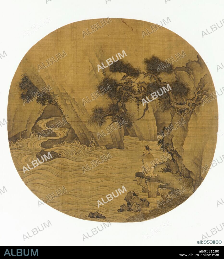 ZHU HUAIJIN (anteriormente atribuido). Depicts a scholar seated beneath a pine tree on the banks of a river, fishing; to the left the river becomes a torrent, crashing down from a mountain. Origin: China. Date: 1368-1644. Period: Ming dynasty. Ink and color on silk.
