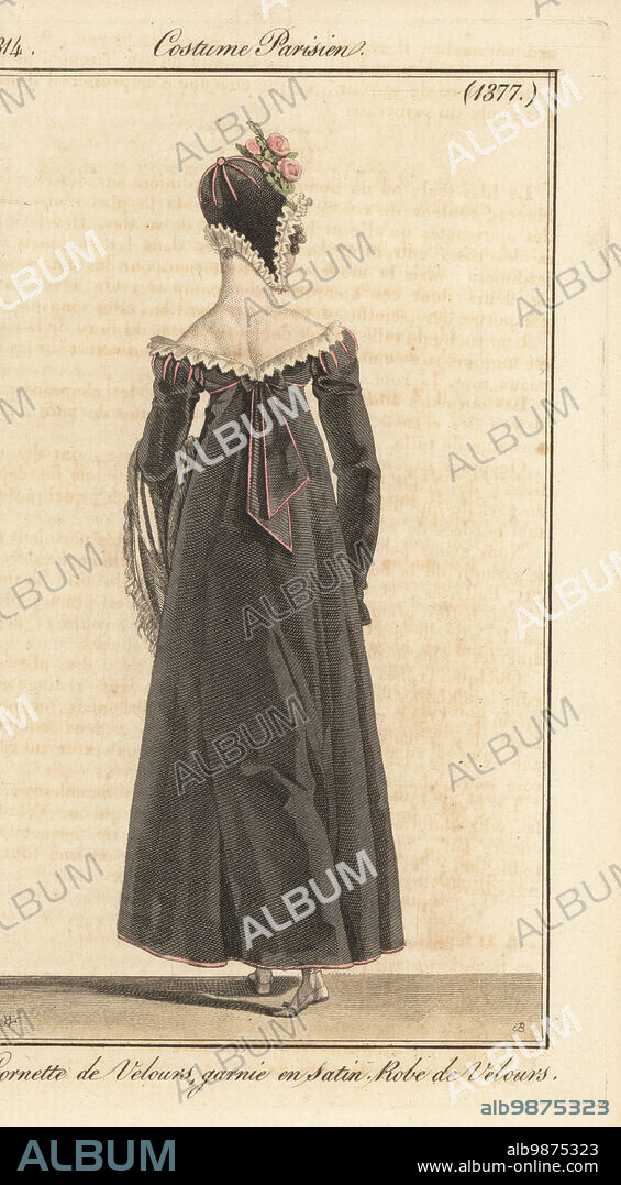 Rear view of a fashionable woman in velvet cornet hat decorated with flowers, velvet dress trimmed with pink satin and lace. Cornette de velours, garnie en satin, robe de velours. Handcoloured copperplate engraving by Jean Charles Baquoy after a fashion plate by Horace Vernet from Pierre de la Mesangeres Journal des Dames et des Modes, Magazine of Women and Fashion, Paris, 1814.