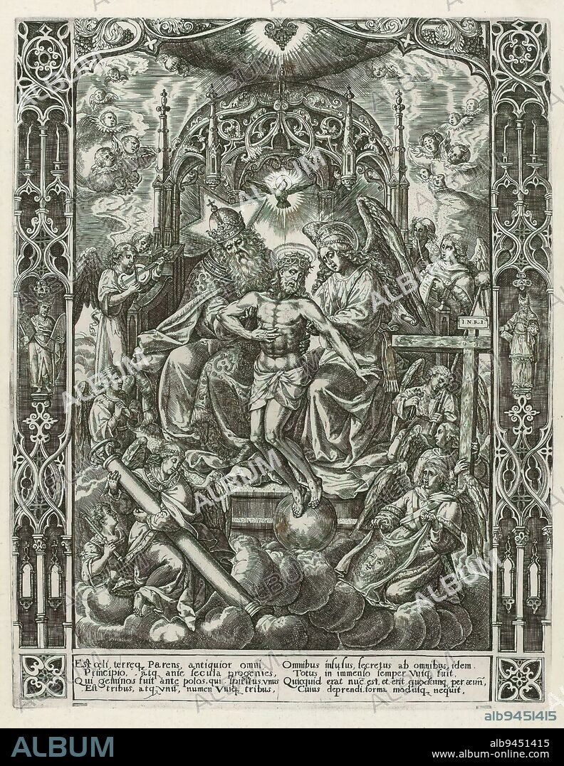 Holy Trinity (Mercy Seat), God the Father seated on a throne together with angel holds the Christ who died. Above it hovers the Holy Spirit in the form of a dove. The throne is surrounded by angels playing music and showing the instruments of suffering. To the left and right in the ornamental frame Moses with the tablets of the law and high priest Aaron. Below, two four-line verses in Latin., print maker: anonymous, Low Countries, (possibly), c. 1540 - c. 1580 and/or 1600 - 1700, paper, engraving, height 403 mm × width 316 mm.