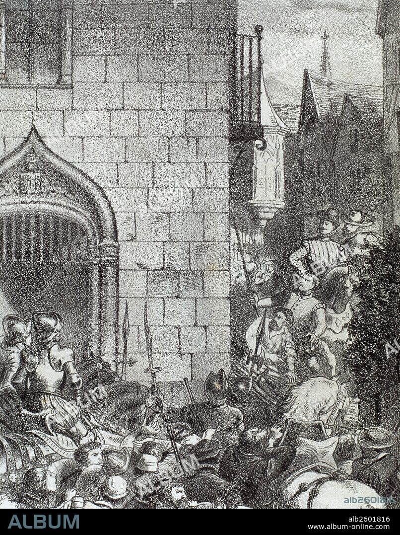 HISTORIA DE ESPAÑA. REINADO DE FELIPE II. "ALTERACIONES DE ARAGON". "MOTIN DE ZARAGOZA" (año 1591). Grabado del siglo XIX, de "Historia de España", con representación de los sucesos acaecidos en la ciudad.