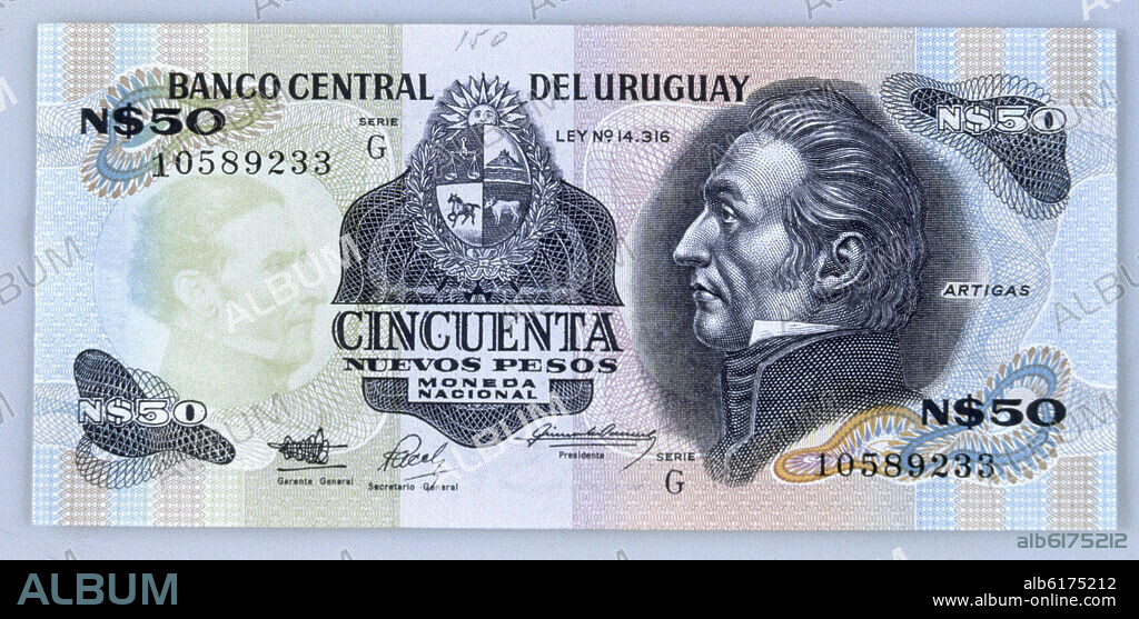 BILLETE DE CINCUENTA NUEVOS PESOS URUGUAYOS - ANVERSO.
