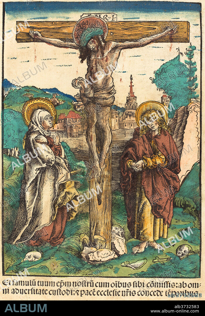 LUCAS CRANACH THE ELDER. Christ on the Cross Between the Virgin and Saint John. Dated: c. 1502. Medium: hand-colored woodcut on vellum.