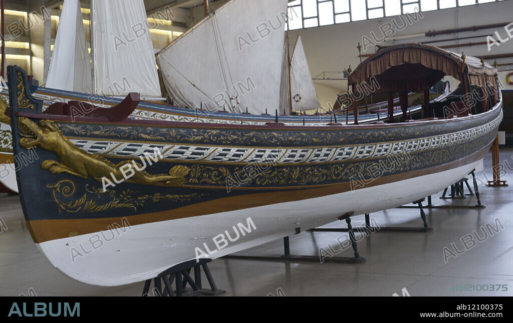 The Golden Barge. Built in 1790, by order of Queen Maria I of Portugal (1734-1816), for the use of Princess Carlota Joaquina (1775-1830), wife of Prince John (Joao), the future King John VI (Joao VI). General view from the prow. Maritime Museum. Lisbon, Portugal.