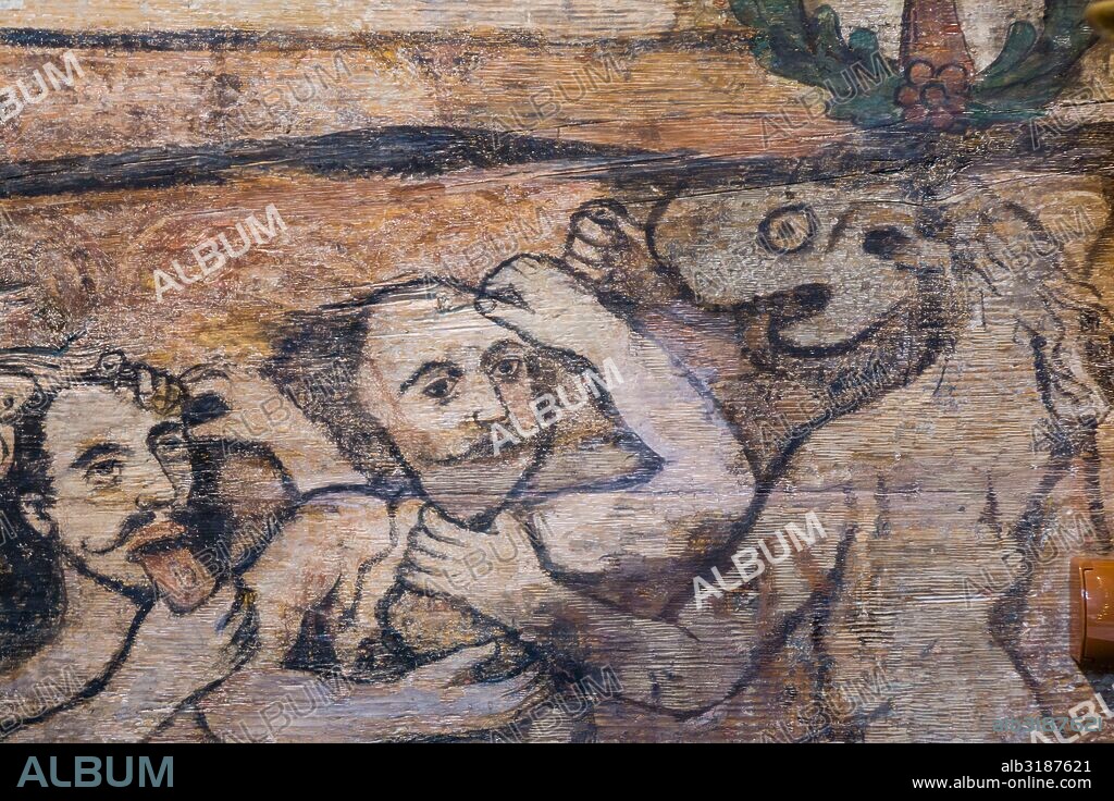 pinturas murales, históricas de los siglos XVI y XVII, iglesia del arcángel San Miguel, siglo XV-XVI construida integramente con madera, Binarowa,Maloposka, voivodato de la Pequeña Polonia, Cárpatos,  Polonia, europe.