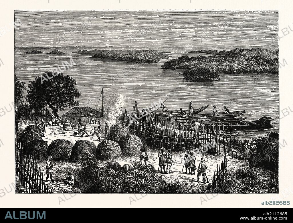 AN ENCAMPMENT ON THE RIVER CONGO. The Congo River (in the past also known as the Zaire River) is a river in Africa, and is the deepest river in the world.