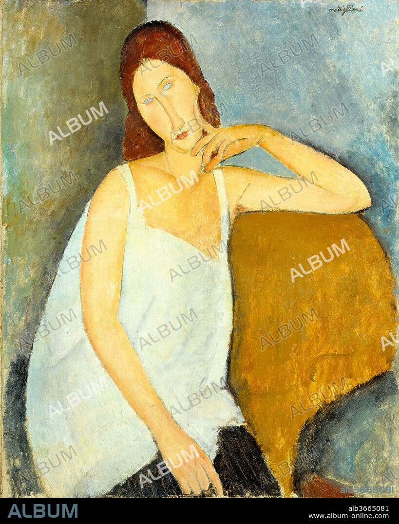 Jeanne Hébuterne (1898-1920). Artist: Amedeo Modigliani (Italian, Livorno 1884-1920 Paris). Dimensions: 36 x 28 3/4 in. (91.4 x 73 cm). Date: 1919.
Modigliani depicted his mistress, Jeanne Hébuterne (1898-1920), in more than twenty works but never in the nude. Her casual white chemise suggests modesty while also hiding her pregnancy. When Modigliani died from tuberculosis in 1920, Jeanne committed suicide the following day.
