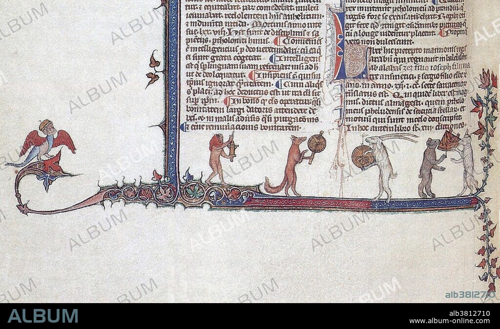 Detail from page of a Latin edition of the Almagest showing students receiving instruction from Astronomy, personified as a woman, who gestures at the stars, with text and decorated borders showing animals using astronomical instruments, 14th century. The Almagest is a 2nd century mathematical and astronomical treatise on the apparent motions of the stars and planetary paths. Written in Greek by Claudius Ptolemy, a Roman era scholar of Egypt, it is one of the most influential scientific texts of all time, with its geocentric model accepted for more than twelve hundred years from its origin in Hellenistic Alexandria, in the medieval Byzantine and Islamic worlds, and in Western Europe through the Middle Ages and early Renaissance until Copernicus.