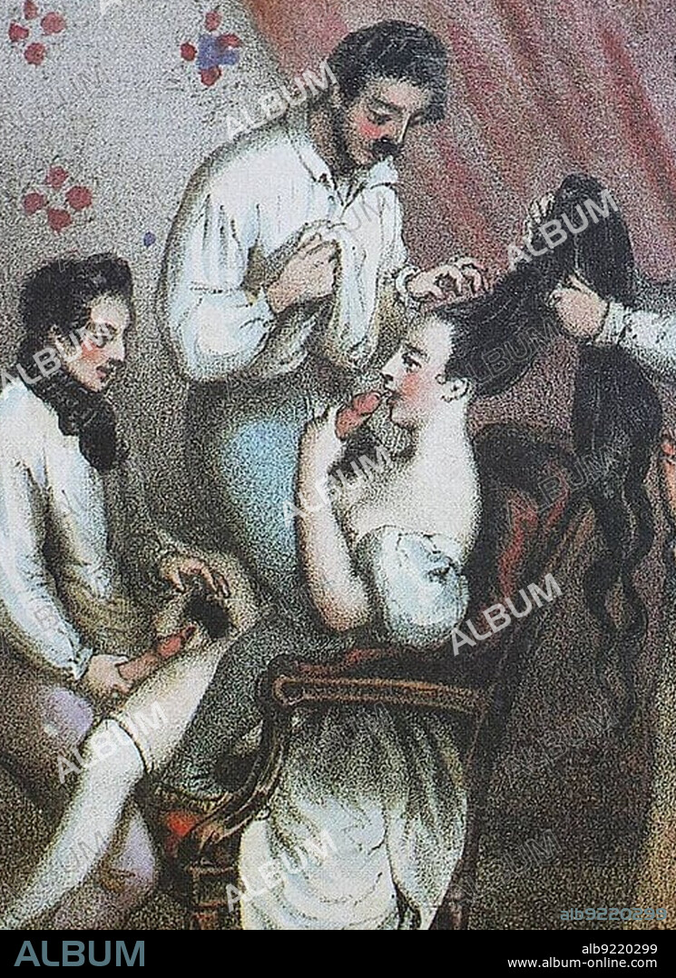 Victorian era erotic illustration, circa 1880, in England, woman having sex with three men, Historical, digitally restored reproduction of an original 19th century artwork, exact original date unknown