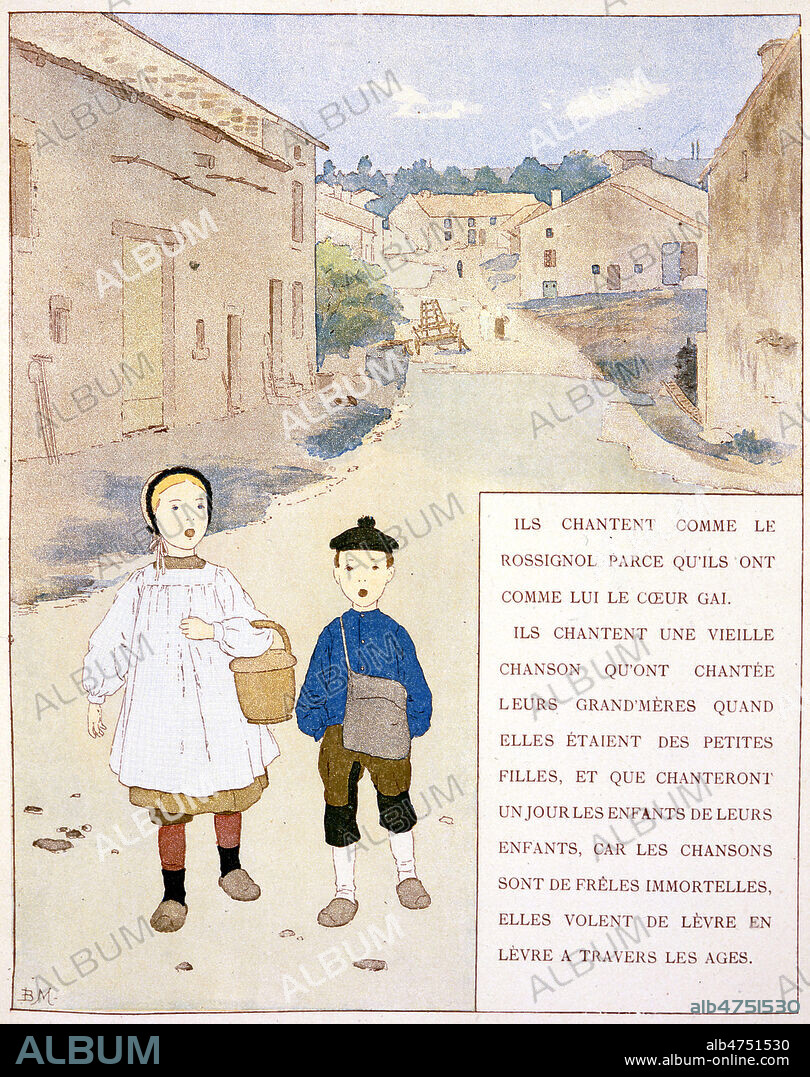 Deux enfants chantent dans la rue. Illustration de 1887 par Louis Maurice BOUTET DE MONVEL (1851-1913) pour Nos enfants d'Anatole FRANCE (1844-1924). Credit : Collection Kharbine-Tapabor.