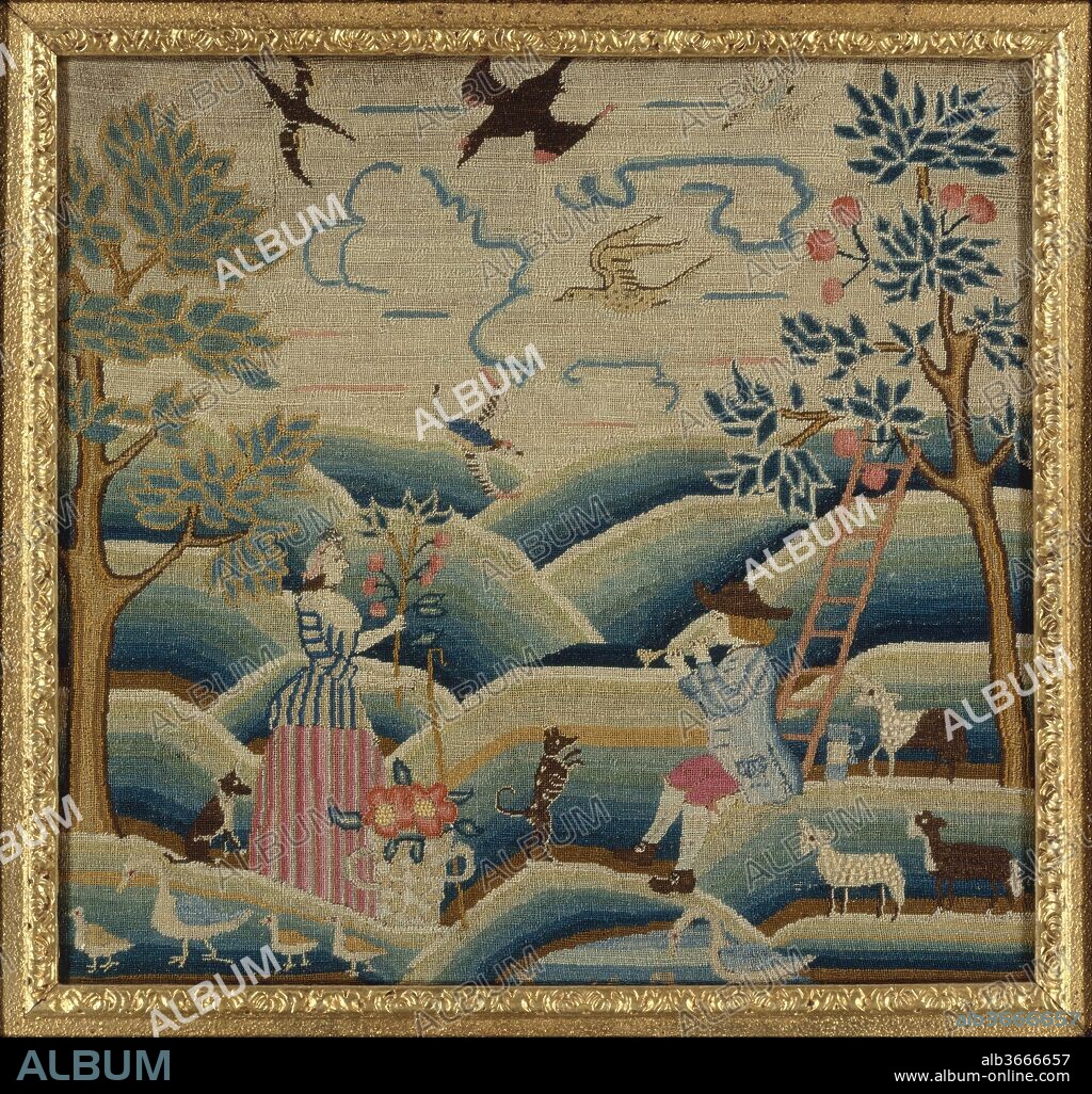 Embroidered Picture. Culture: American. Dimensions: 16 3/4 x 17 1/2 in. (42.5 x 44.5 cm). Maker: Keturah Rawlins. Date: ca. 1740.
This needlework picture descended in the family of Joseph Alcock. Joseph was the son of Keturah Rawlins, to whom it is attributed. If the picture was in fact done by Rawlins, it would have to have been made when she was an unmarried schoolgirl in about 1715 or 1720, but this is unlikely for stylistic reasons; it resembles other pastoral scenes made in Boston in the 1740s. It is possible that it is not the work of Joseph Alcock's mother at all; however, it could be the schoolwork of his wife, Jane Ring, or some other female relative.