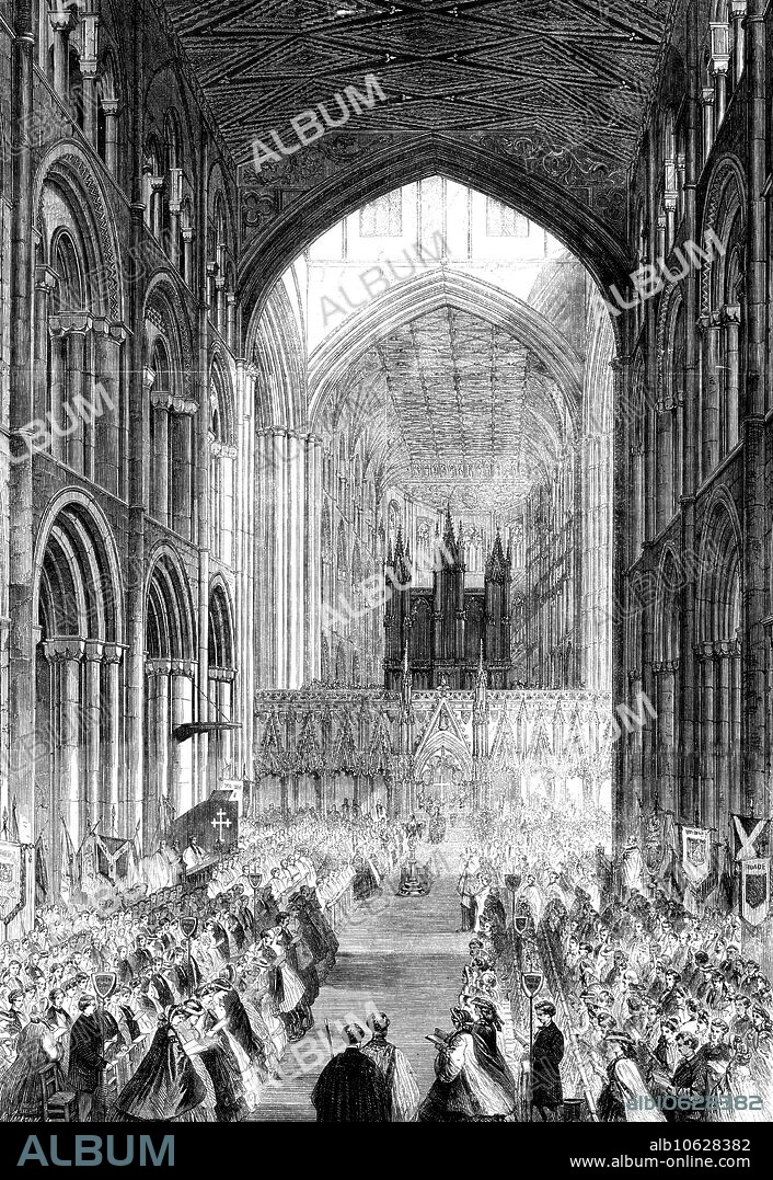 MASON JACKSON. The Choral Festival in Peterborough Cathedral, 1862. View of '...the striking scene presented in the cathedral during the morning service. After singing two verses the choirs, numbering 1200, began to move into the cathedral, and the hymn was repeated by the cathedral choir while the other singers took their seats. The several choirs were seated in the cathedral in the following order, reckoning from east to west: The clergy, first choir, second choir, cathedral choir, third choir, fourth choir, fifth choir, sixth choir, melodists. Each place was marked by a shield of the same colour as the corresponding tickets. The banners of the different choirs were placed in rests against the pillars during the service. The responses were accompanied on the organ, and each chant and each hymn tune was played through before it was sung. A short symphony was played between the giving out and the singing of the anthem ("This is the day which the Lord hath made"), during which the choirs stood up'. From "Illustrated London News", 1862.