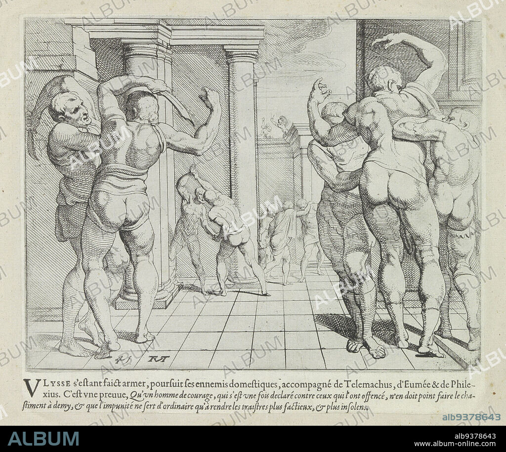 Odysseus kills the suitors with the help of Telemachus, Les Travaux d'Ulysse (series title), The works of Odysseus (series title), Odysseus kills the suitors of his wife Penelope with the help of his son Telemachus. The print is part of an album., print maker: Theodoor van Thulden (mentioned on object), intermediary draughtsman: Theodoor van Thulden, Paris, 1633, paper, etching, engraving, letterpress printing, height 210 mm × width 245 mm.