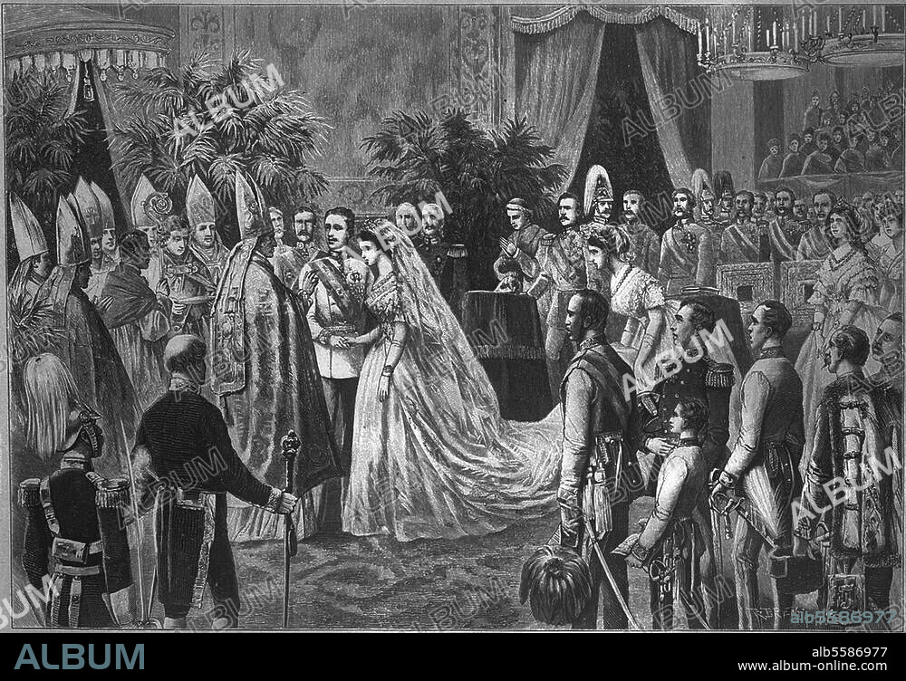 Franz Joseph I, Emperor of Austria. (1848-1916) and King of Hungary (1867-1916); Schönbrunn 18.8.1830 - 21.11.1916. Wedding of Emperor Franz Joseph I and Empress Elisabeth in Vienna, 24 April 1854. Woodcut, c. 1880, after a contemporary depiction. From: Über Land und Meer.