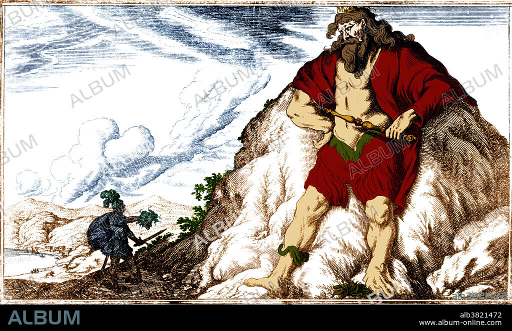 Colour enhanced illustration of Atlas and Perseus. According to Ovid, a giant named Atlas tried to drive a wandering Perseus from the place where the Atlas mountains now stand. Perseus revealed Medusa's head, turning Atlas to stone (those very mountains) when he tried to drive him away. In classical Greek mythology, Atlas was the primordial Titan who held up the celestial sphere. Illustration originally captioned: Perseus showing Atlas the head of Medusa, by Bauer (1703 edition). Colour.