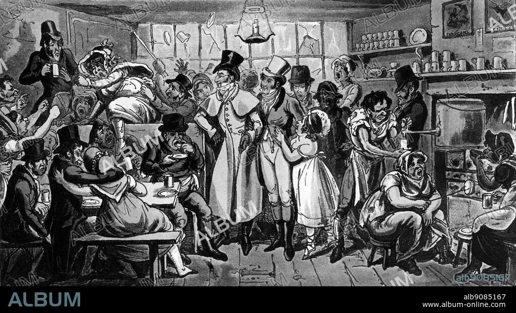 Tom & Jerry at a Coffee Shop near the Olympic from Pierce Egan's Life in London 1821 drawn and etched by I. R. and G. Cruikshank. The British Museum, London (Reading Room) (J. R. Freeman) - Tom and Jerry, or Life in London was a stage adaptation by William Moncrieff of Pierce Egan's Life in London, or Days and Nights of Jerry Hawthorne and his elegant friend Corinthian Tom. It ran at the Adelphi Theatre in London between 1821 and 1823 and at several New York theaters beginning in 1823. ©TopFoto.