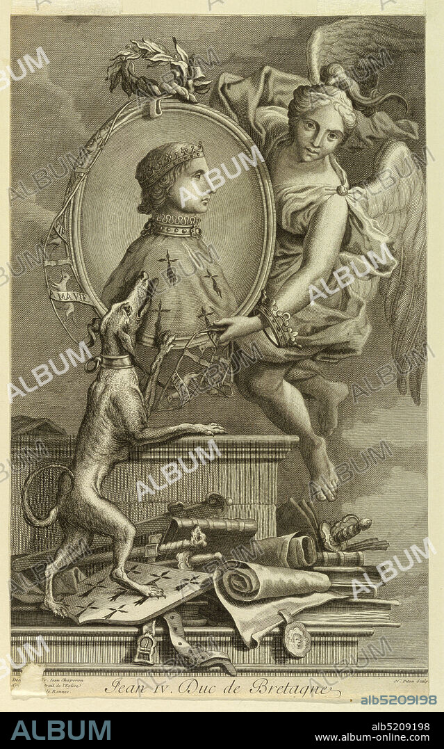 Portrait of Jean IV, Duke de Bretagne (1293-1345), Nicolas Pitau II, French, 1670 - 1724, F. Jean Chaperon, Engraving on paper, Bust-length portrait in side view, to right, of a young man wearing a ducal crown and a cape. The oval portrait is held by a winged goddess (Victory). Below, a dog, shield, weapons, books, etc. After a painting in Rennes after F. Jean Chaperon., France, 1710-1720, Print, Print.