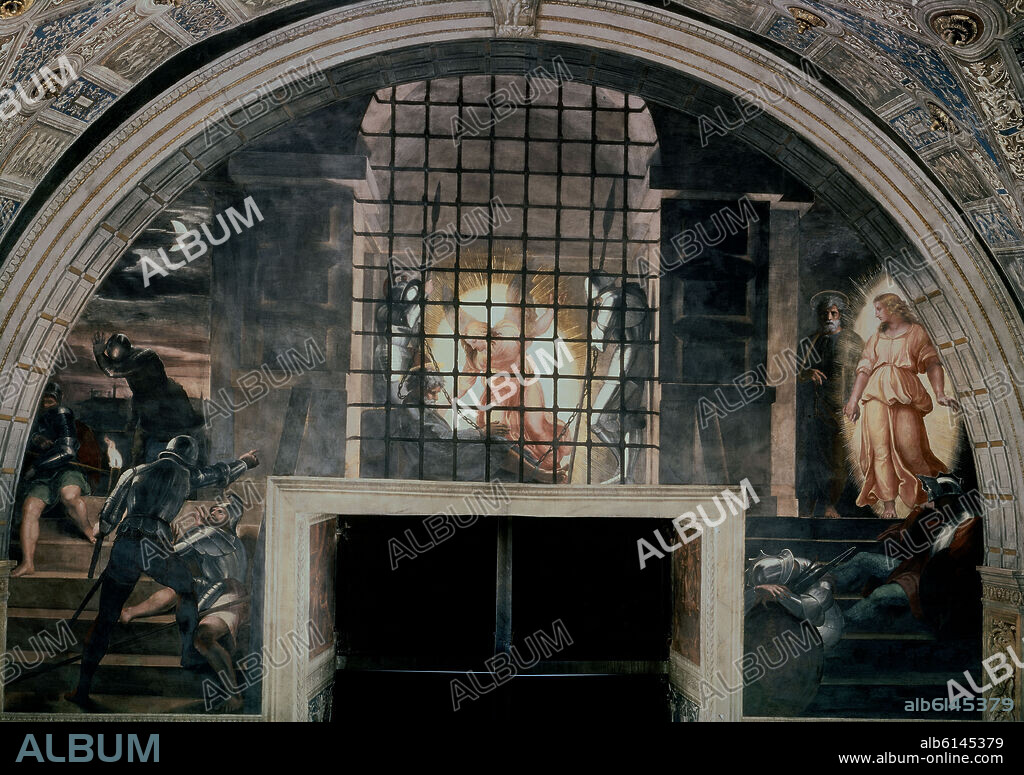 RAFAEL SANZIO O RAFAEL DE URBINO. LIBERACION DE SAN PEDRO (EVASION) - ANTES DE RESTAURAR - SIGLO XVI - RENACIMIENTO ITALIANO.