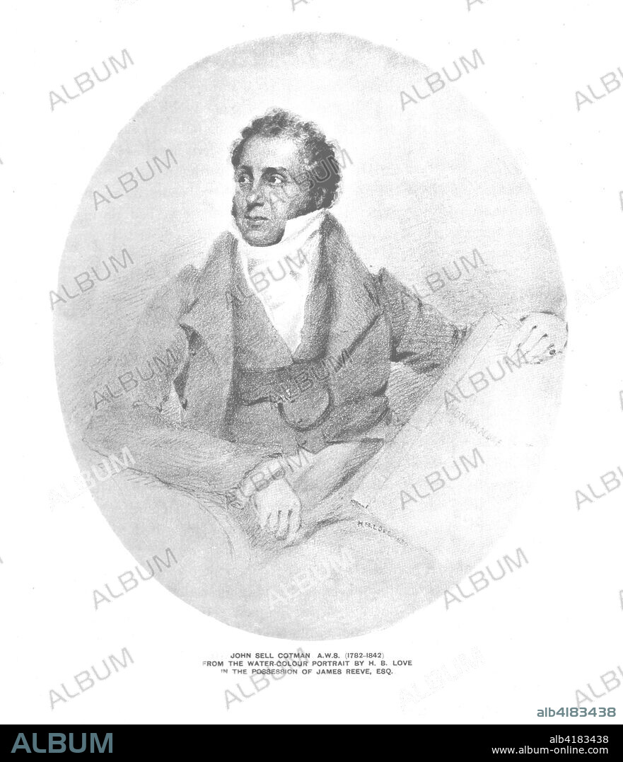 'John Sell Cotman A.W.S. (1782-1842)'. Portrait print of British artist Cotman, after a watercolour by Horace Beevor Love, which is very similar to a self portrait. Cotman was a marine and landscape painter, etcher and illustrator, and a leading member of the Norwich School of painters. From English water-colour with reproductions of drawings by eminent painters, edited by Charles Holme, published by The Studio Library, [c1900].