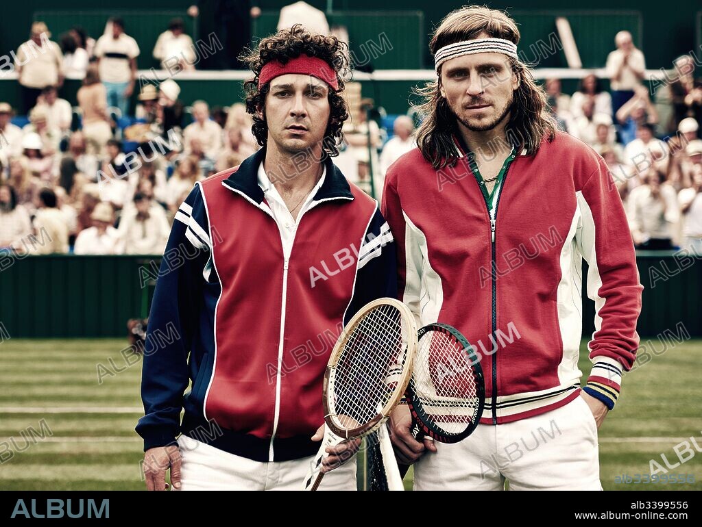 SHIA LABEOUF y SVERRIR GUDNASON en BORG MCENROE, 2017, dirigida por JANUS METZ. Copyright SF Studios Production AB.