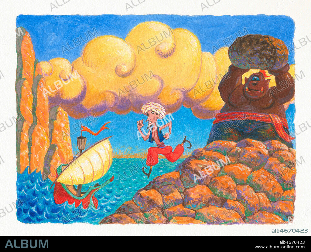 Mille et une nuits: Sinbad le marin sur l'ile au cyclope dans les 7 voyages de Sinbad le marin. Illustration de Didier Pizzi (ne en 1952). Credit: Illust. Pizzi/KHARBINE-TAPABOR.