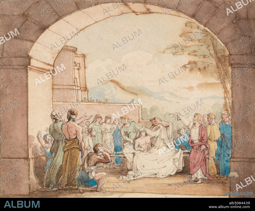 The Raising of Lazarus, attributed to John Martin, 17891854, British, undated, Watercolor, pen and brown ink, pen and black ink, white gouache, and graphite on medium, slightly textured, cream wove paper, Sheet: 2 1/8 x 2 3/4 inches (5.4 x 7 cm), apostles, archway, buildings, dead, disciples, miracle, mountains, New Testament, religious and mythological subject, stretchers (conveyances), the raising of Lazarus ('Lazarus, come out').