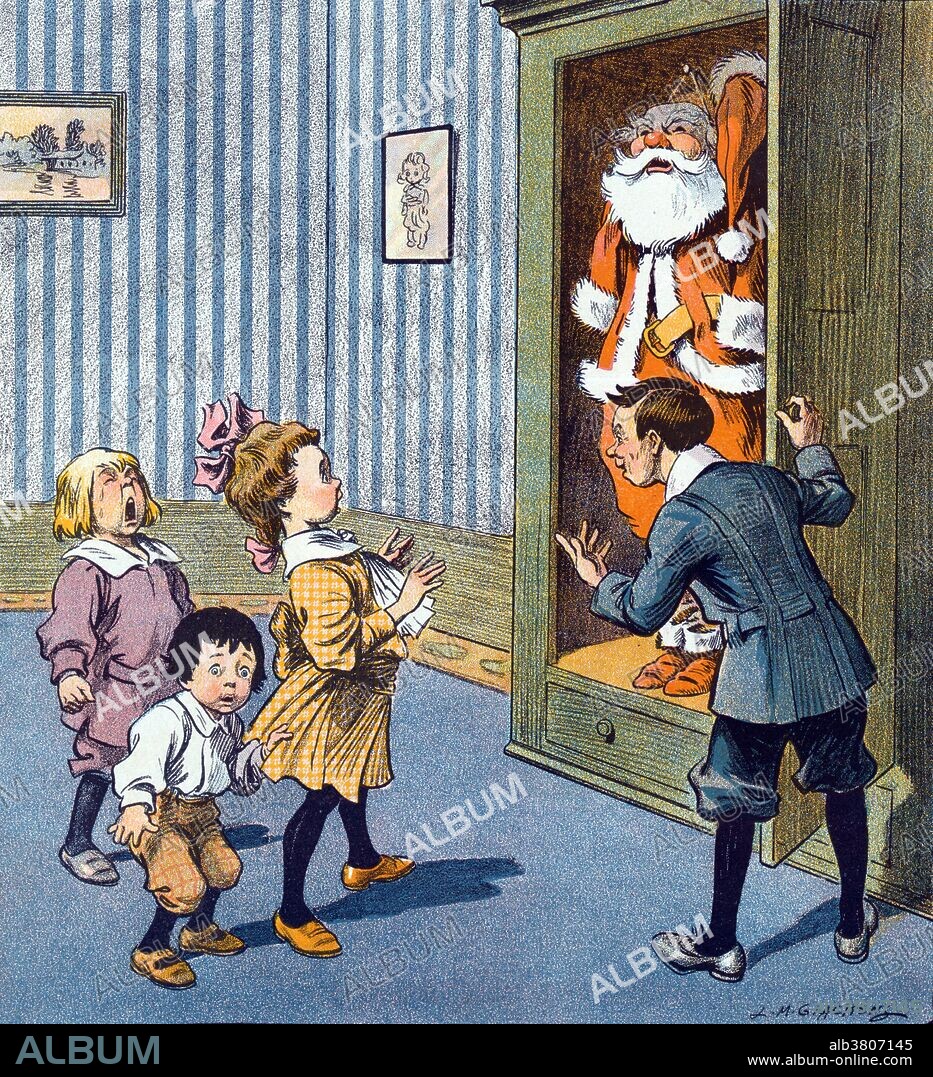 "Ultimate Christmas Secret Revealed." Entitled: "Now will you believe me?" Shows a young boy showing his younger siblings a Santa Claus suit in a wardrobe to convince them that Santa Claus does not exist. Puck was America's first successful humor magazine of colorful cartoons, caricatures and political satire of the issues of the day. It was published from 1871 until 1918. It was the first magazine to carry illustrated advertising and the first to successfully adopt full-color lithography printing for a weekly publication. Santa Claus, also known as Saint Nicholas, Father Christmas, Kris Kringle and simply Santa, is a figure with legendary, historical and folkloric origins who, in many Western cultures, is said to bring gifts to the homes of the good children on December 24th, the night before Christmas Day. He is generally depicted as a portly, joyous, white-bearded man, sometimes with spectacles, wearing a red coat with white collar and cuffs, white-cuffed red trousers, and black leather belt and boots and who carries a bag full of gifts for children. Illustrated by Louis M. Glackens for Puck and published by Keppler & Schwarzmann, December 24, 1913.