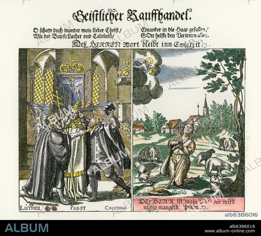 Geschichte Deutschland, Reformation.-Zeitgenössisches Flugblatt zum Streit zwischen Martin Luther und Johannes Calvin: "Geistlicher Rauffhandel".-Kupferstich, um 1598. Spätere Kolorierung.