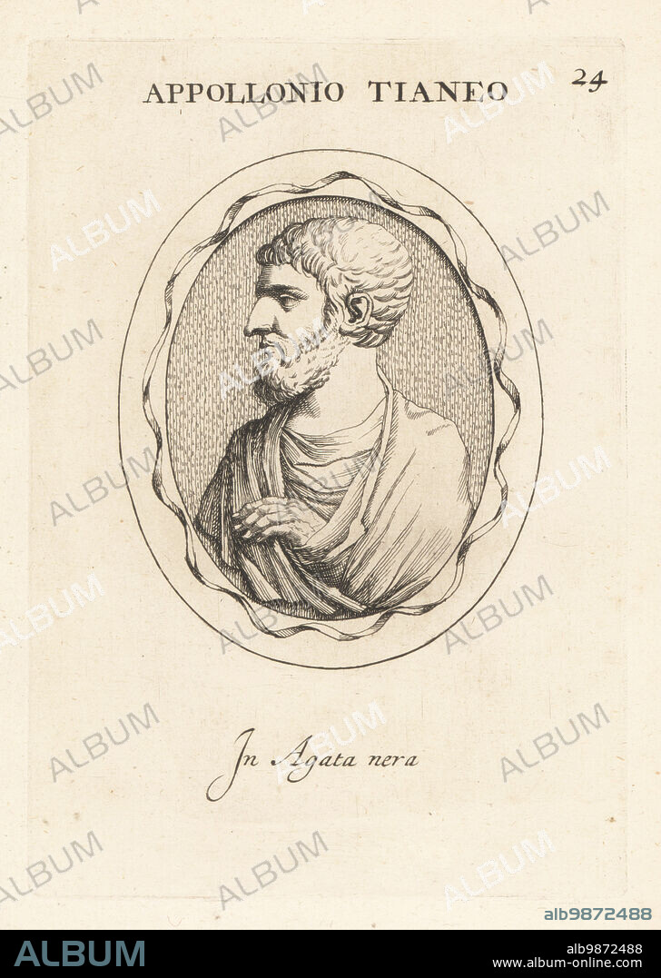 Apollonius of Tyana, c. 3 BC c. 97 AD, Greek Neopythagorean philosopher from the town of Tyana, Cappadocia in Anatolia. With his hands outside the pallium. In black agate. Appollonio Tianeo. In agata nera. Copperplate engraving by Giovanni Battista Galestruzzi after Leonardo Agostini from Gemmae et Sculpturae Antiquae Depicti ab Leonardo Augustino Senesi, Abraham Blooteling, Amsterdam, 1685.