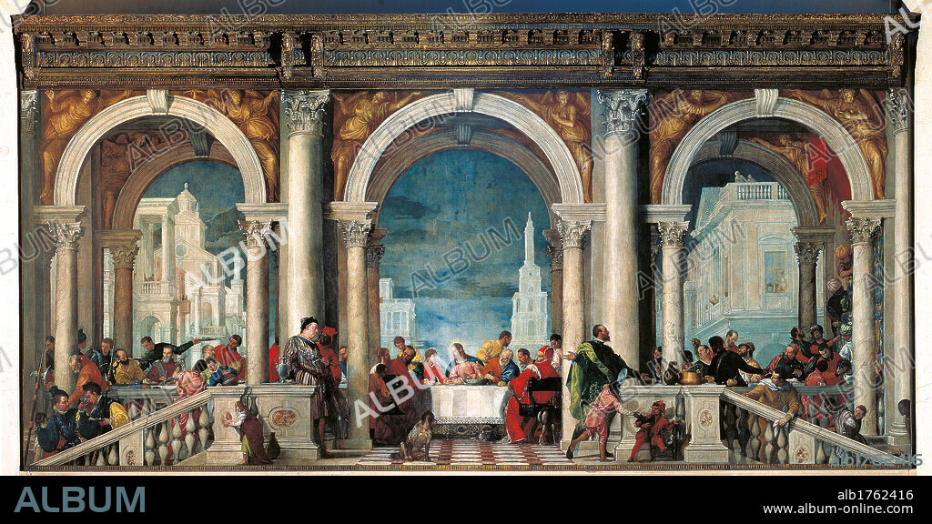 Christ in the House of Levi, by Paolo Caliari known as Veronese, 1573, 16th Century, oil on canvas, cm 560 x 1309. Italy, Veneto, Venice, Accademia Art Galleries. All. Staircase balustrade men banquet columns arches glasses jug food plates dishes laid table meeting Jesus Christ Levi portico palace buildingview city. Authorization required for non editorial use.