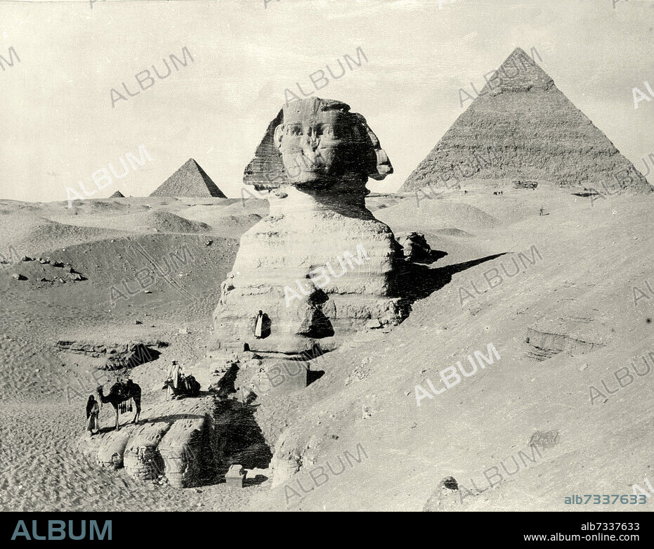 Giseh (Ägypten), Pyramiden (4. Dynastie, 3. Jahrtausend v. Chr.). Sphinx und die Pyramiden von Gizeh. Foto, anonym, undat., um 1900 (?).