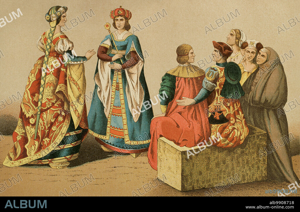 Historia de España. Trajes españoles en el siglo XV. Cromolitografía. "Historia Universal", por César Cantú. Tomo VII, 1881.