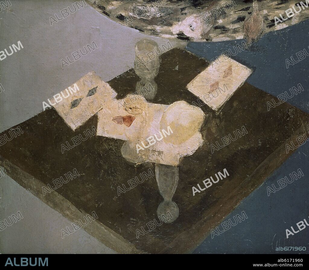 PANCHO COSSIO / FRANCISCO GUTIERREZ COSSIO. BODEGON CON BARAJA FRANCESA 1948 - OLEO/LIENZO 54X65 CM.