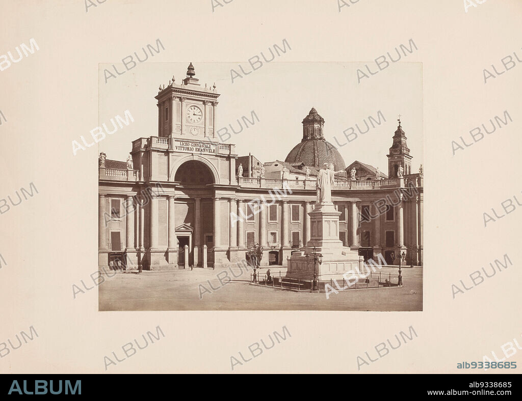 Statue of Dante in the Piazza Dante at Naples, Italy, Piazza Dante (title on object), Napoli (series title on object), Giorgio Sommer (attributed to), Tito Angelini, Naples, 1871 - 1914, cardboard, paper, albumen print, height 318 mm × width 445 mm.