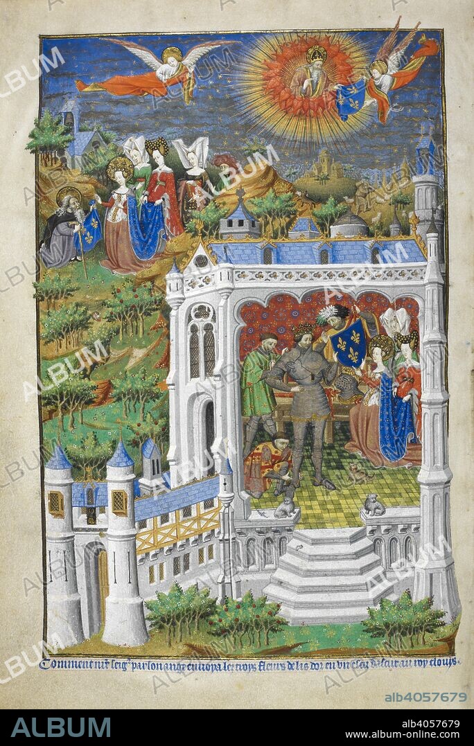 MASTER OF THE MUNICH GOLDEN LEGENDS. Legend of the Fleurs de Lys. God dispatches an angel to entrust the fleurs de lys to the hermit of Joyenval, who hands them to Clovis's wife Clothilda. In the foreground she presents them, in the form of a shield, to Clovis, who is newly converted into a Christian knight. Bedford Hours. Paris; 1414-1423. Source: Add. 18850, f.288v. Language: Latin and French.