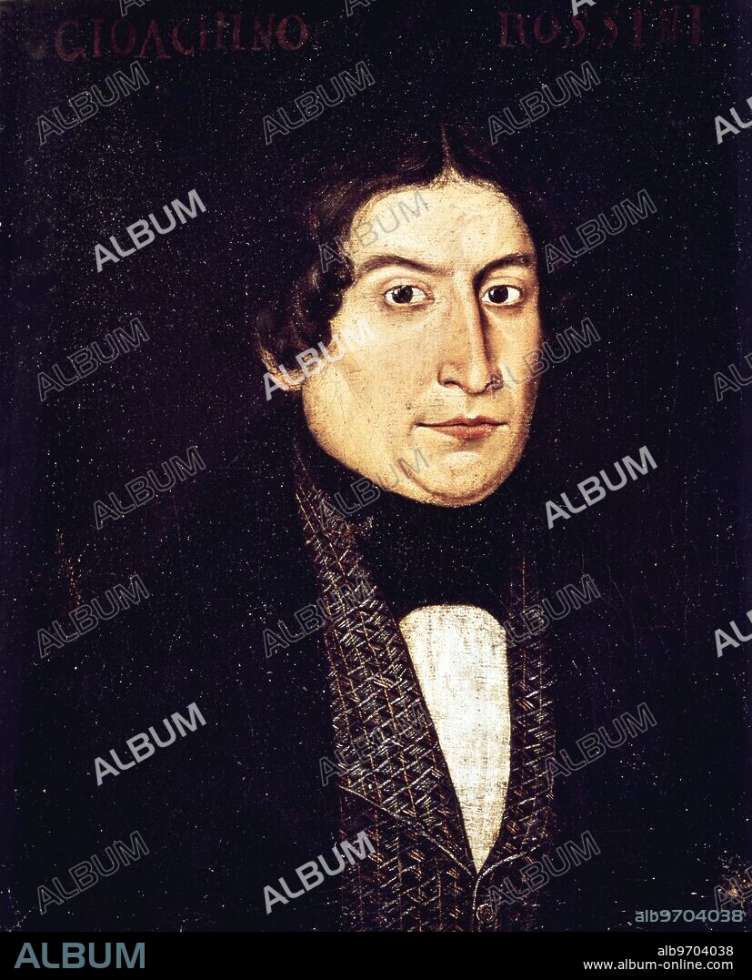 Portrait of G. Rossini in the High School, Bologna, Italy -. Gioachino Antonio Rossini (February 29, 1792 - November 13, 1868) was an Italian composer who wrote 39 operas as well as sacred music and chamber music. His best known works include Il barbiere di Siviglia (The Barber of Seville) and Guillaume Tell (William Tell). ©TopFoto.