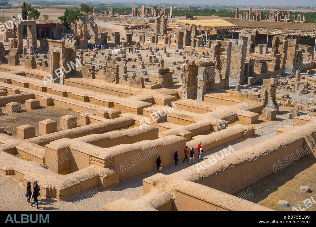 Overview of Persepolis from Tomb of Artaxerxes III, Palace of 100 Columns in centre, Treasury in foreground, UNESCO World Heritage Site, Iran, Middle East.
