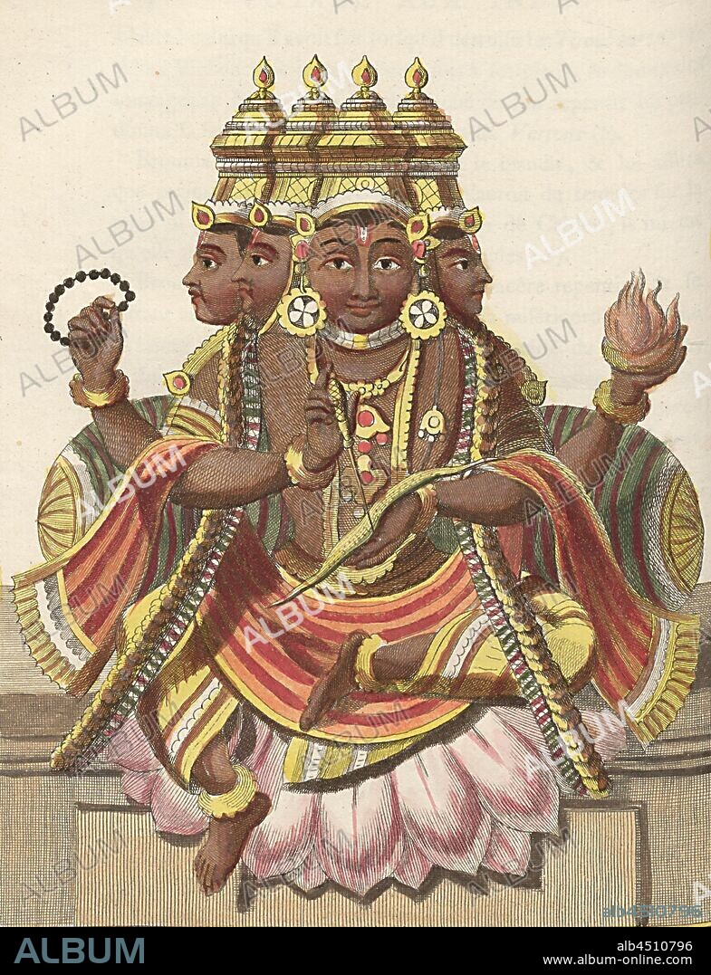 Brouma god creator, Representation of the god Brahma, four-headed on a lotus throne - God of creation, Signed: P. Sonnerat pinx, Poisson sc, Pl. 33, before p. 155 (Bd. 1), Sonnerat, Pierre M. (pinx.); Poisson, Jean-Baptiste Marie (sculp.), 1782, Sonnerat, Pierre: Voyages aux Indes orientales et a la Chine. fait par ordre du Roi depuis 1774 jusqu'en 1781: dans lequel on traite des moeurs, de la religion, des sciences & des arts des Indiens, des Chinois, des Pégouins & des Madégasses (...). Paris: chez l'auteur: chez Froulé: chez Nyon ..., 1782.