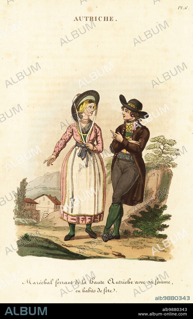 Blacksmith of Upper Austria, with his wife, in festival dress, 18th century. She wears a gray felt hat, yellow handkerchief, pink wool bodice and skirts in hauszeug, white apron. He wears a broad-brim hat, dark jacket, waistcoat, green braces, leather belt, leather breeches and shoes. Marechal ferrant de la Haute Autriche avec sa femme, en habit de fete. Handcoloured copperplate engraving after an illustration by William Alexander from J-B. Eyries L'Autriche: Costumes, Moeurs et Usages des Autrichiens, Austria: Costumes, Manners and Mores of the Austrians, Librairie de Gide Fils, Paris, 1823. Jean-Baptiste Eyries (1767-1846) was a French geographer, author and translator.