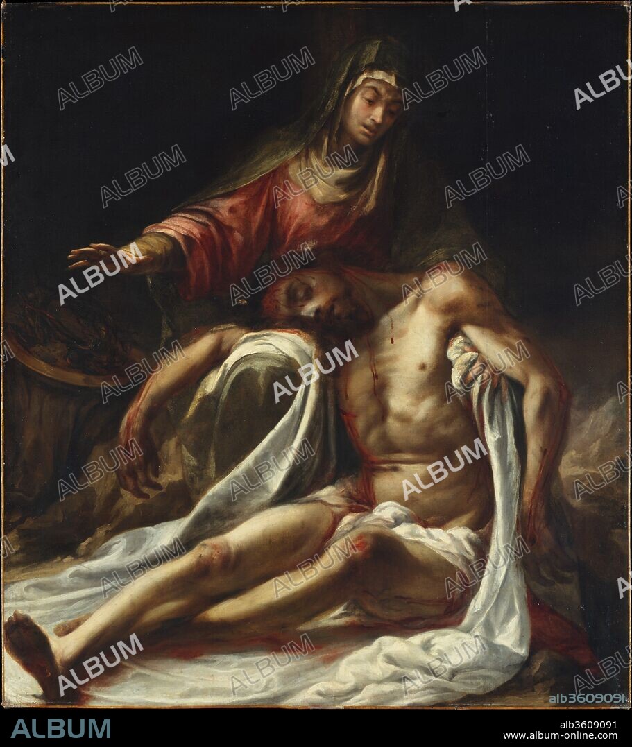 JUAN DE VALDES LEAL. Pietà. Artist: Juan de Valdés Leal (Spanish, Seville 1622-1690 Seville). Dimensions: 63 1/4 x 56 1/2 in. (160.7 x 143.5 cm). Date: ca. 1657-60.
Valdés Leal was one of the most prominent artists in Seville in the seventeenth century, specializing in theatrical and dramatic religious paintings for churches of the city. Paintings such as this one were heavily indebted to the example of polychrome sculptures and recall in dramatic intensity the <i>pasos</i>--carved and painted ensembles of religious figures that are paraded through the streets of Spanish cities during the week leading to Easter.