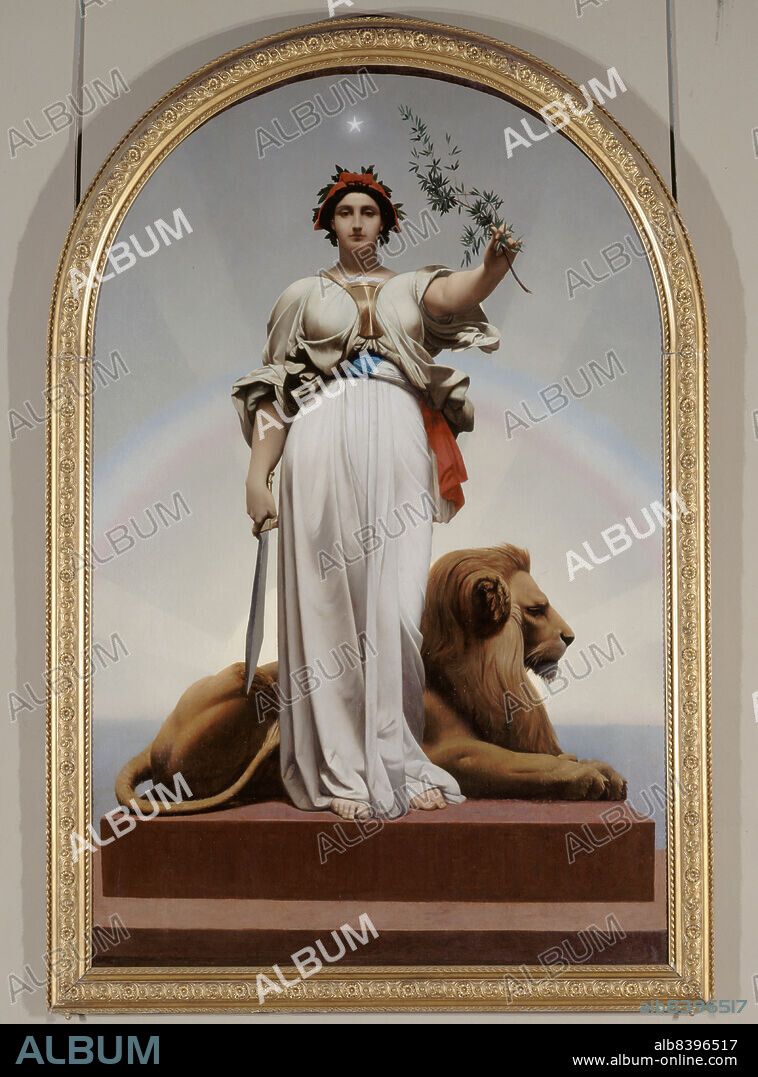 JEAN LEON GEROME. La République, between 1848 and 1849. The (French) Republic. Allegorical figure with olive branch and sword, a lion at her feet, with rainbow and star above. At her waist the tricolour.