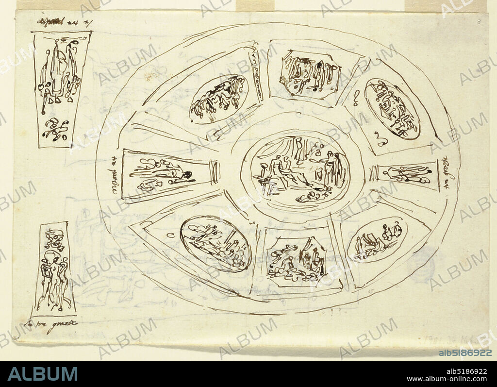 Oval Ceiling with Three Graces, Design for Sala di Enea, Palazzo Marescalchi, Bologna, Felice Giani, Italian, 17581823, Pen and ink on paper, Ceiling divided into central oval medallion surrounded by four smaller oval medallions in trapezoids, separated by octagonal representations, and at short sides by trapezoids with Fates: at left, inscribed tre parche; at right, Graces, and inscribed tre grazie. At left below, detailed sketch of panel with Graces, inscribed le tre grazie. Above, in opposite direction panel containing Fates, inscribed: le tre parze (corrected). Verso: two high trapezoids, either of them with candelabrum. At foot of left one are Fates and inscribed: le tre parche; at right Graces, inscribed: le tre Grazie., Italy, 1810, figures, Drawing, Drawing.