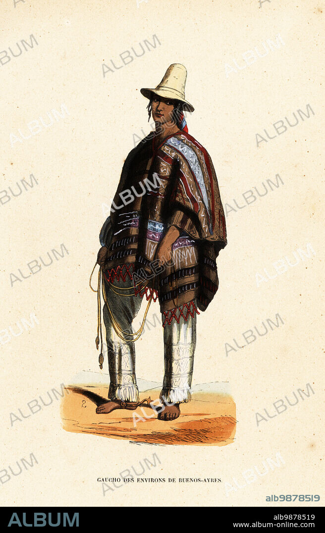 Native American gaucho from the region of Buenos-Ayres, Argentina. In sugar-loaf hat, striped poncho, trousers and spurs, holding bolas or boleadoras to hunt on the pampas. Gaucho des environs de Buenos-Ayres. Handcoloured woodcut by S from Auguste Wahlen's Moeurs, Usages et Costumes de tous les Peuples du Monde, (Manners, Customs and Costumes of all the People of the World) Librairie Historique-Artistique, Brussels, 1845. Wahlen was the pseudonym of Jean-Francois-Nicolas Loumyer (1801-1875), a writer and archivist with the Heraldic Department of Belgium.